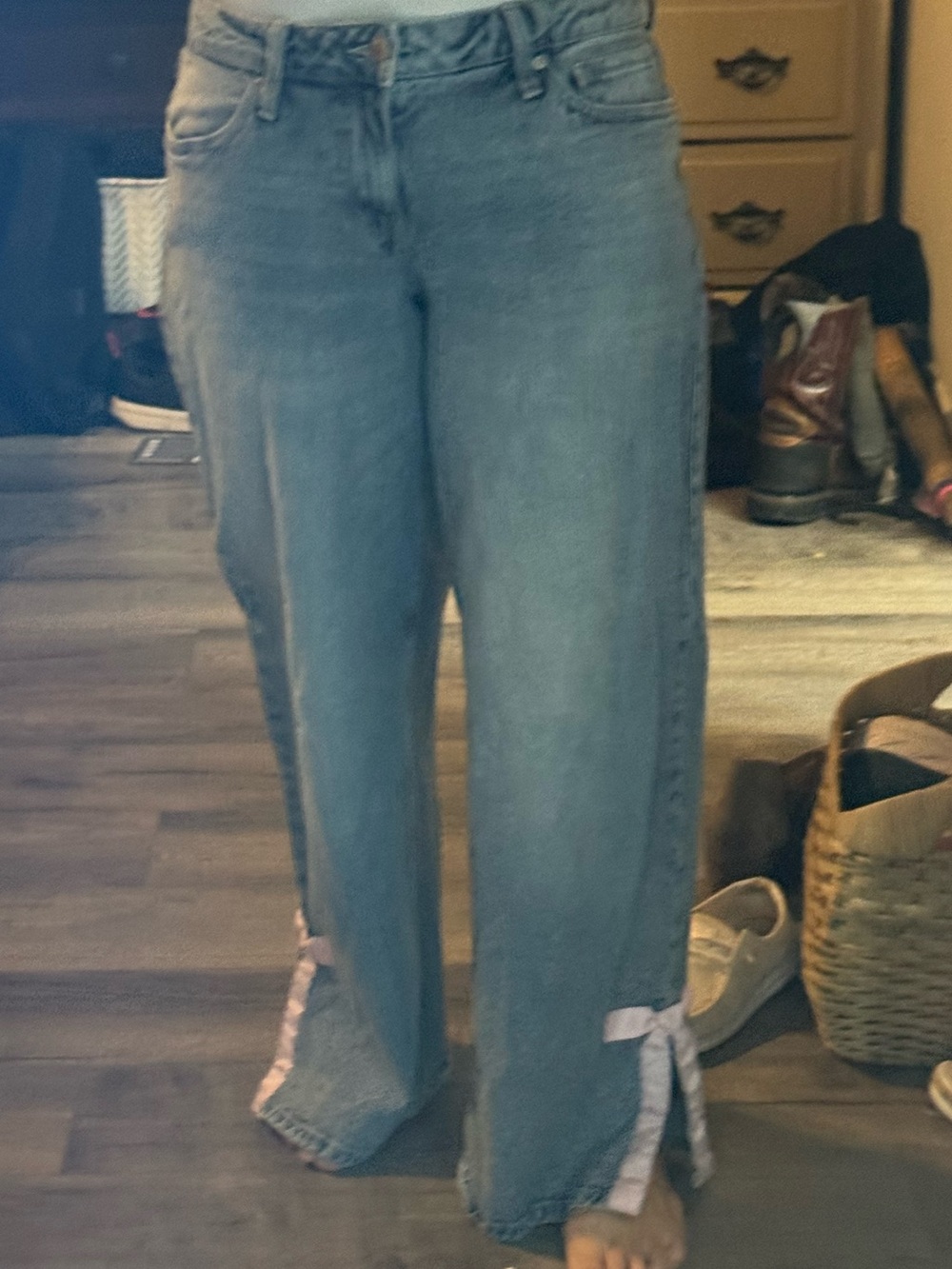 No Boundaries Size 8 Baggy Wide Leg Jeans Pink Bow Light Wash Y2K